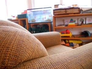 Picture of an armchair on a Montessori classroom/environment in "Children's house" overlooking the fish tank