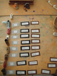 Pictures of miniature shoes lined up with word cards to their right describing several aspects of each shoe, the miniatures are truly gorgeous. This is a vocabulary/grammar excersise.