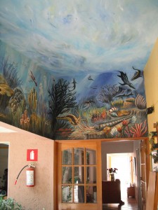 Mural that depicts a prehistoric ocean, this picture shows the bit right above the entrance.